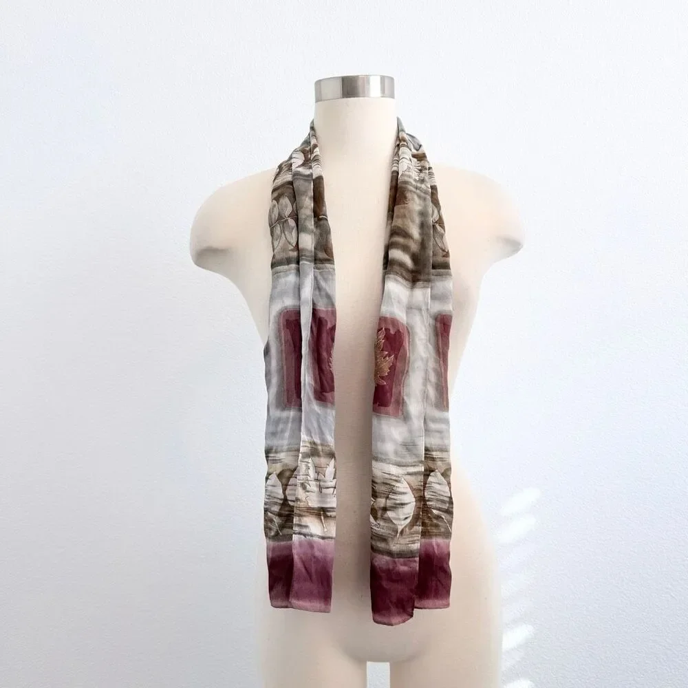 Vintage Silk Echo Scarf Leaf Leaves Burgundy Grey White Cream
